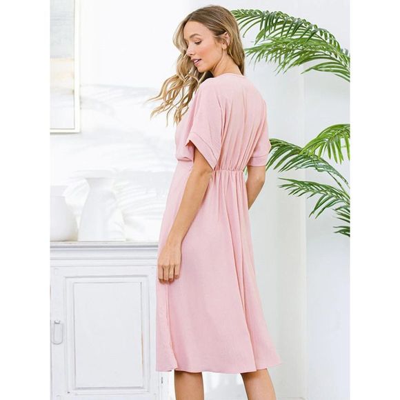 Pink Short Sleeve V-Neck Button Down Midi Dress - Picture 3 of 4